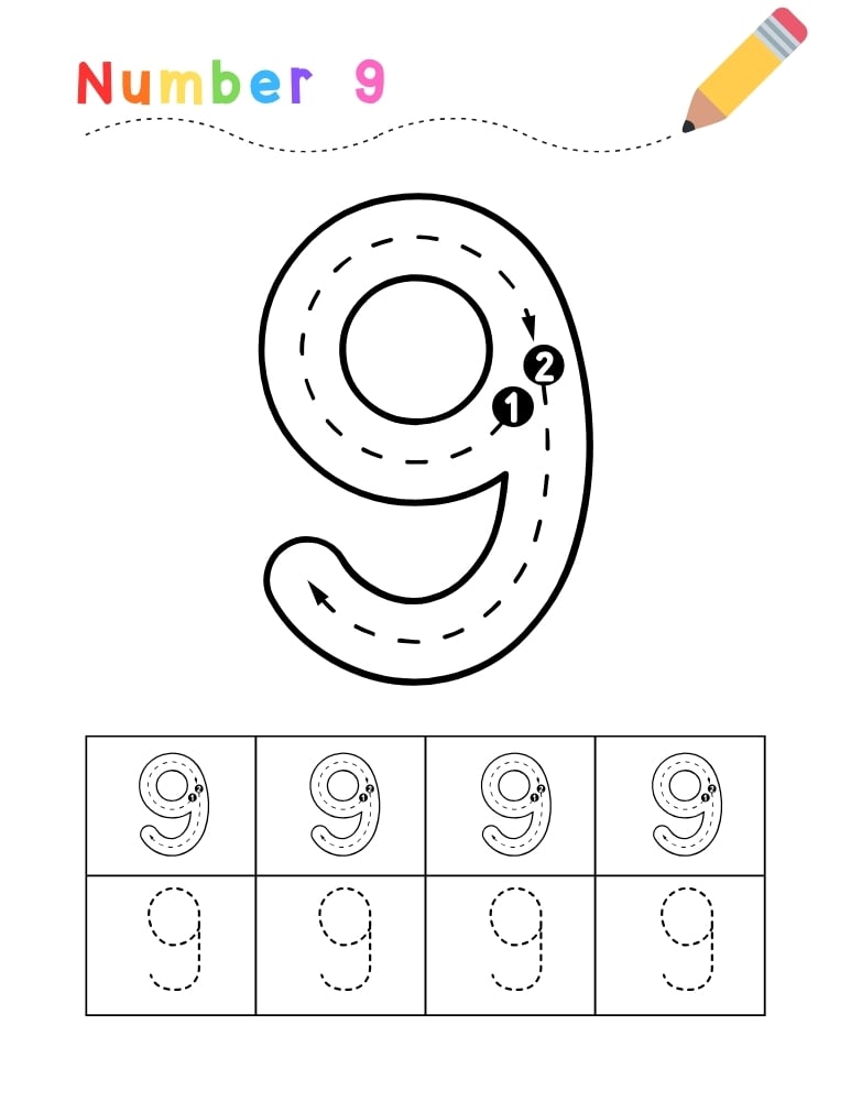 number 9 worksheet, tracing printable, PDF, instant download, kids