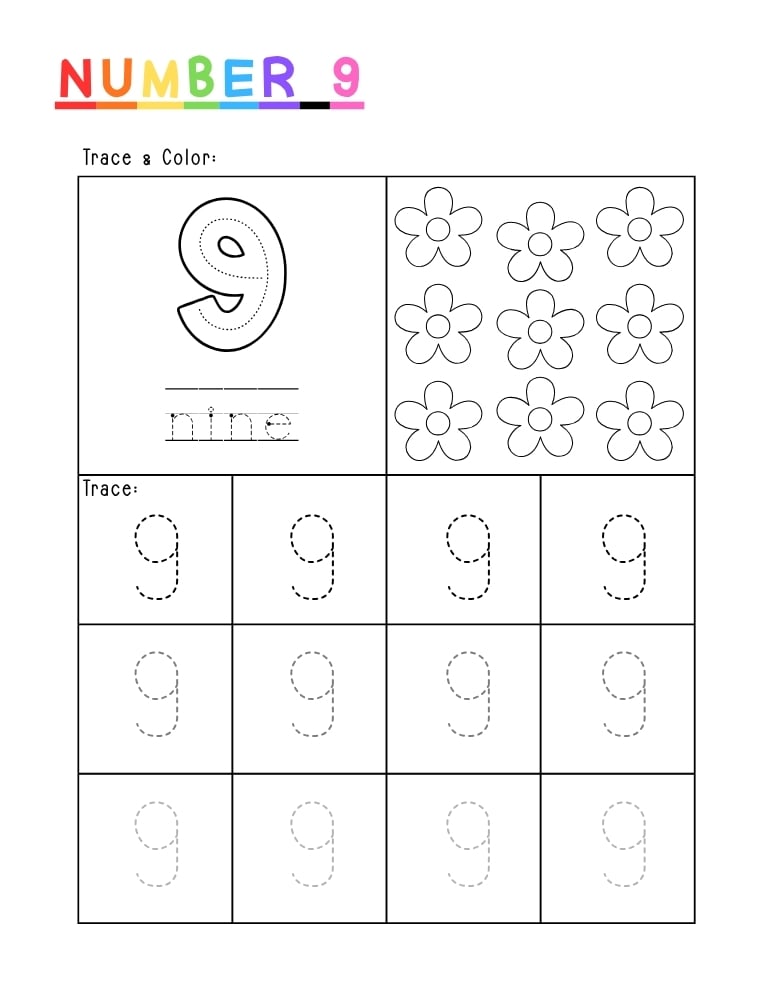 number 9 worksheet, coloring activity, PDF, instant download, kids