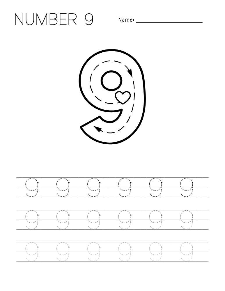 number 9 worksheet, writing practice, PDF, instant download, kids