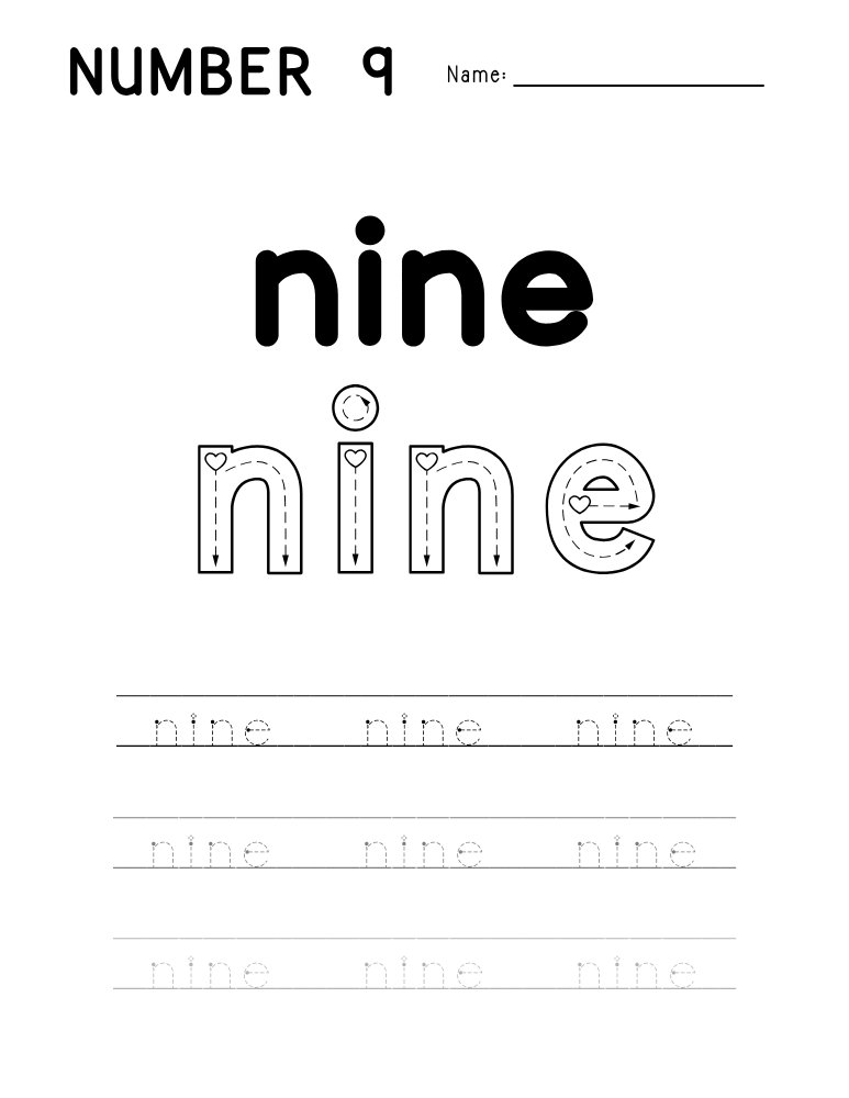 number 9 worksheet, number word printable, PDF, instant download, kids