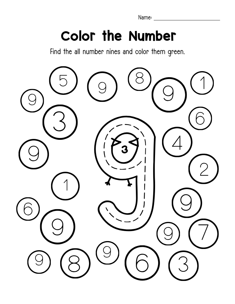 number 9 worksheet, recognition printable, PDF, instant download, kids