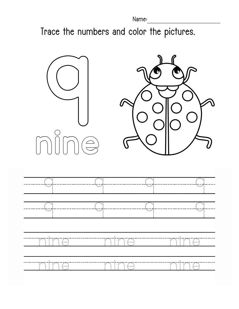 number 9 worksheet, math printable, PDF, instant download, kids