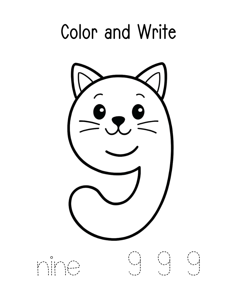 number 9 worksheet, coloring page, PDF, instant download, kids