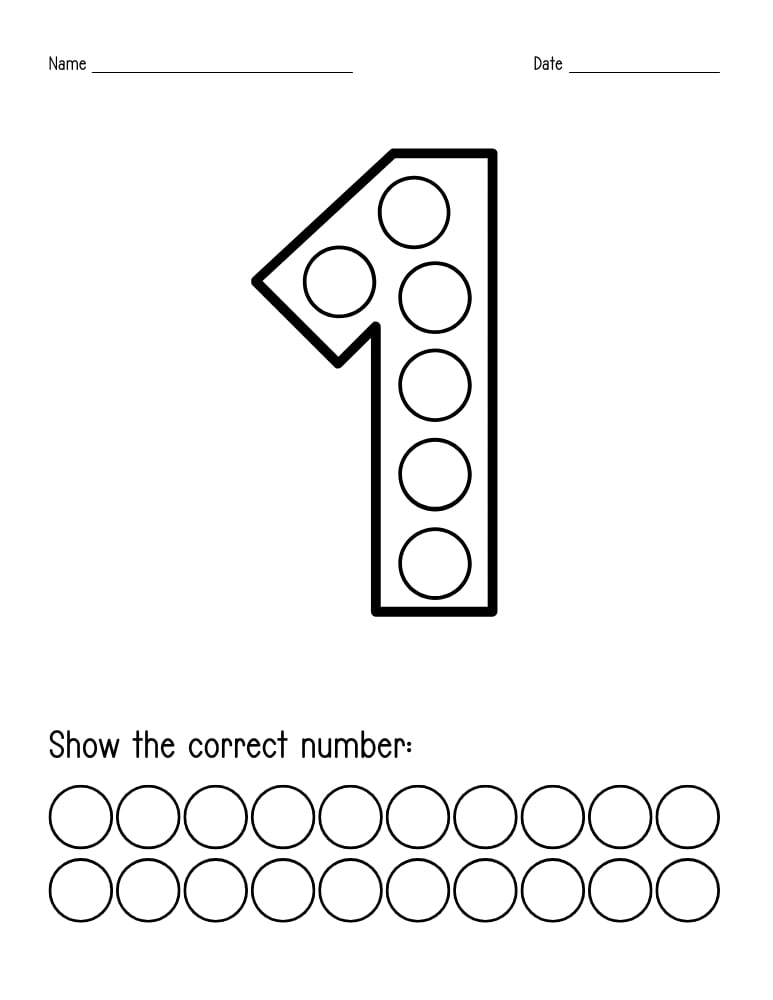 number 1 dot marker worksheet, preschool counting, PDF