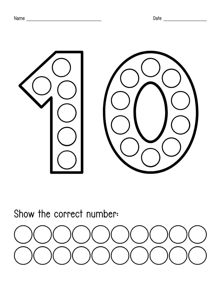 number 10 dot marker worksheet, preschool counting, PDF