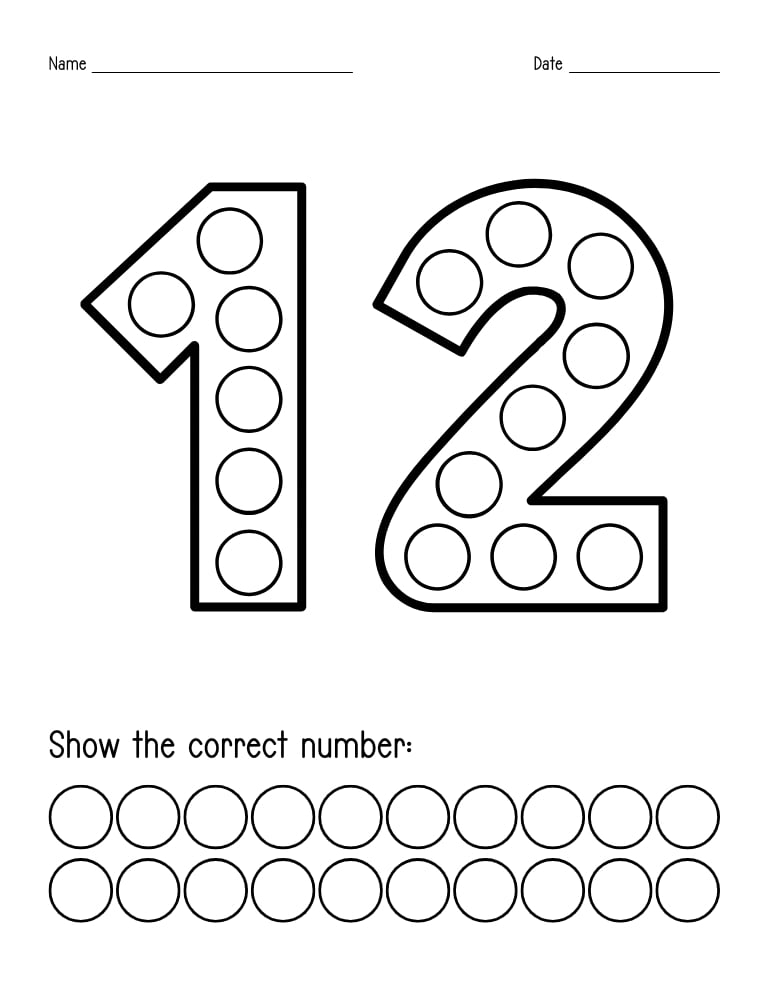 number 12 dot marker worksheet, preschool counting, PDF