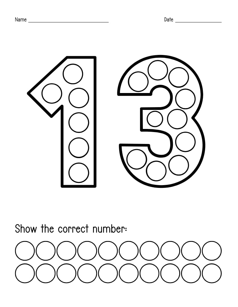 number 13 dot marker worksheet, preschool counting, PDF