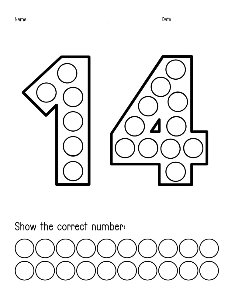number 14 dot marker worksheet, preschool counting, PDF