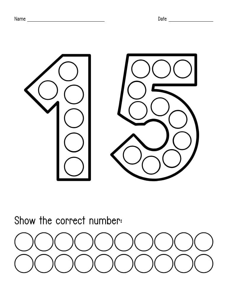 number 15 dot marker worksheet, preschool counting, PDF