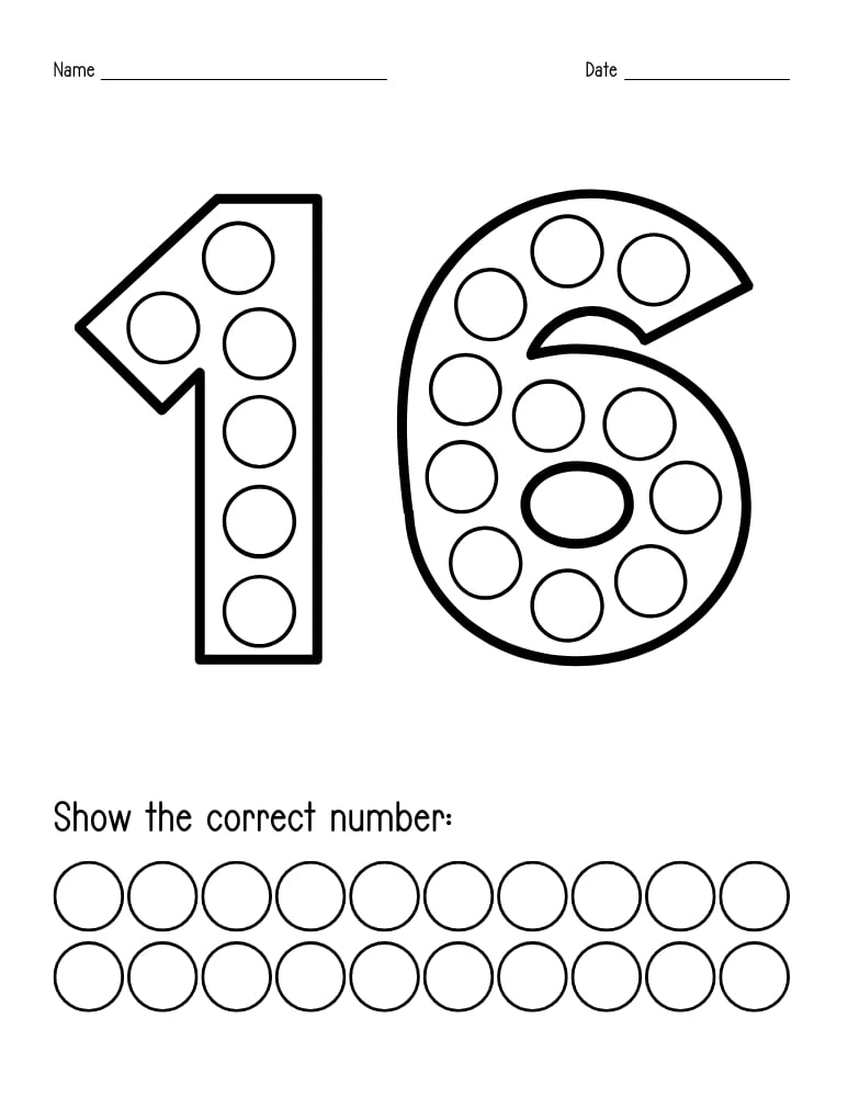 number 16 dot marker worksheet, preschool counting, PDF