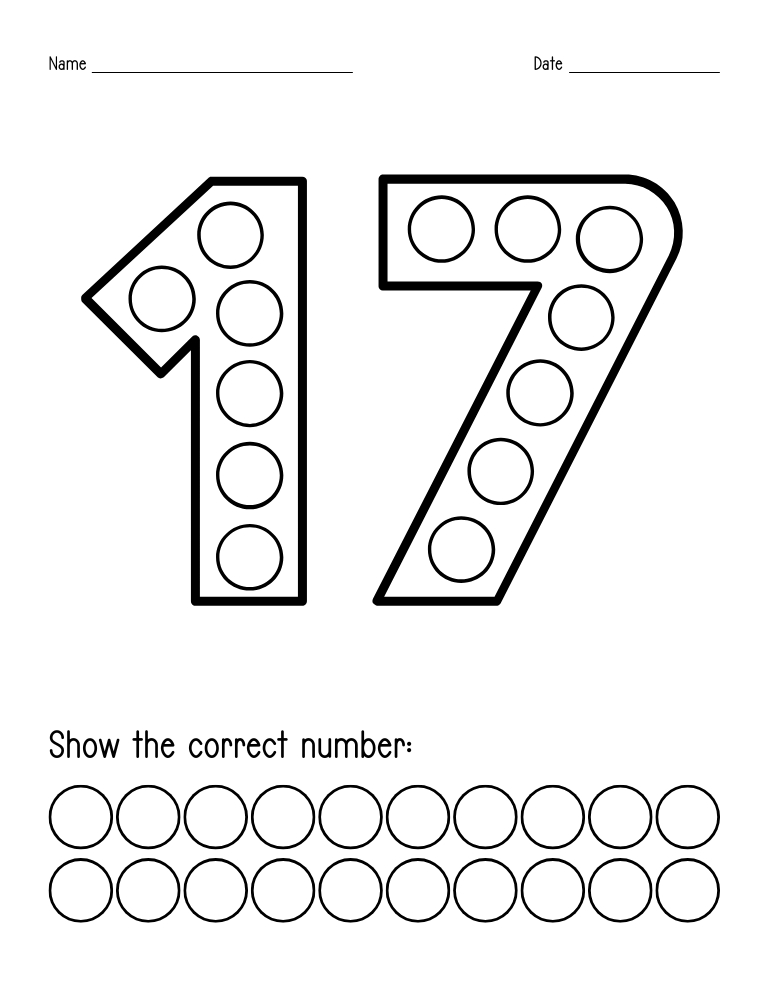 number 17 dot marker worksheet, preschool counting, PDF