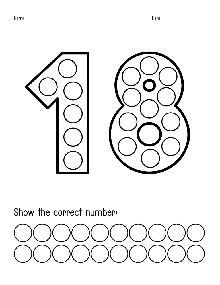 number 18 dot marker worksheet, preschool counting, PDF