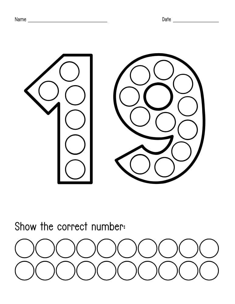 number 19 dot marker worksheet, preschool counting, PDF