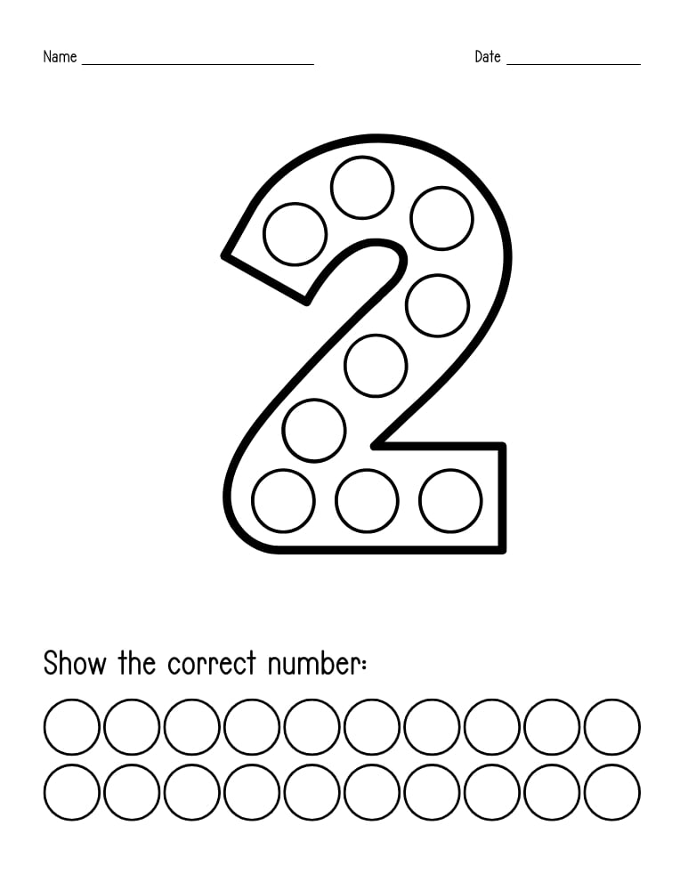 number 2 dot marker worksheet, preschool counting, PDF
