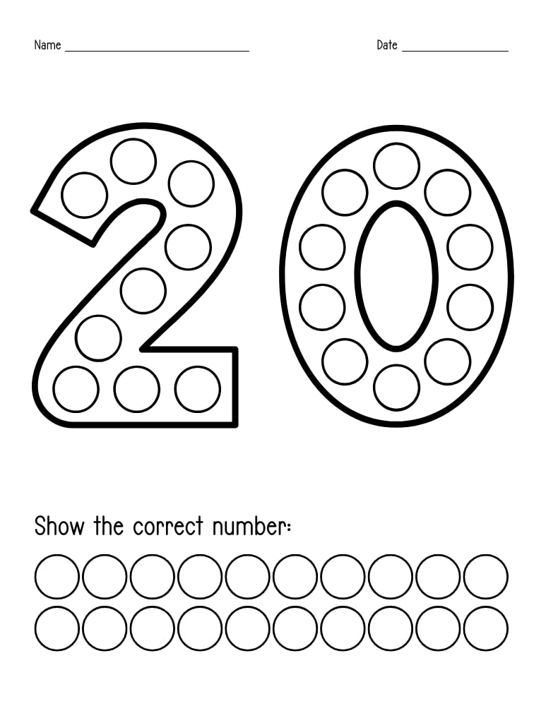 number 20 dot marker worksheet, preschool counting, PDF