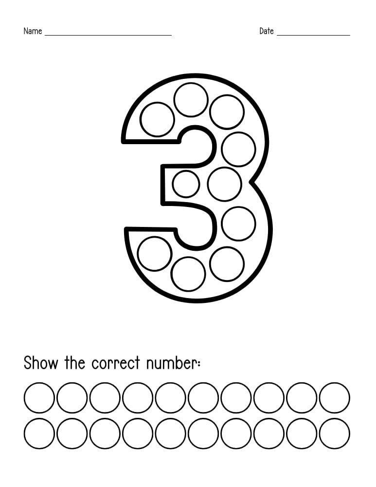 number 3 dot marker worksheet, preschool counting, PDF