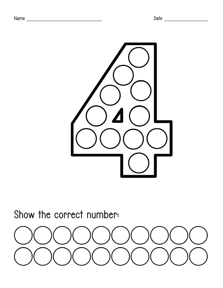 number 4 dot marker worksheet, preschool counting, PDF