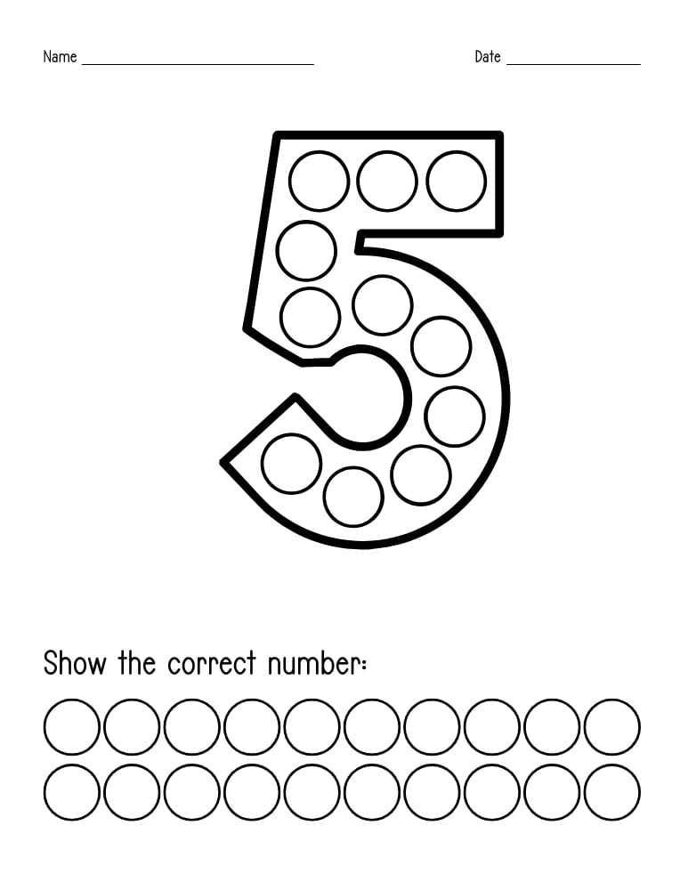 number 5 dot marker worksheet, preschool counting, PDF
