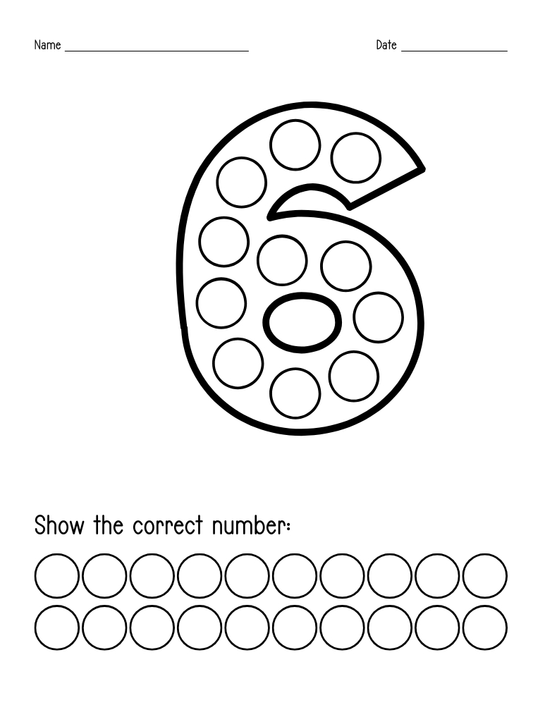 number 6 dot marker worksheet, preschool counting, PDF