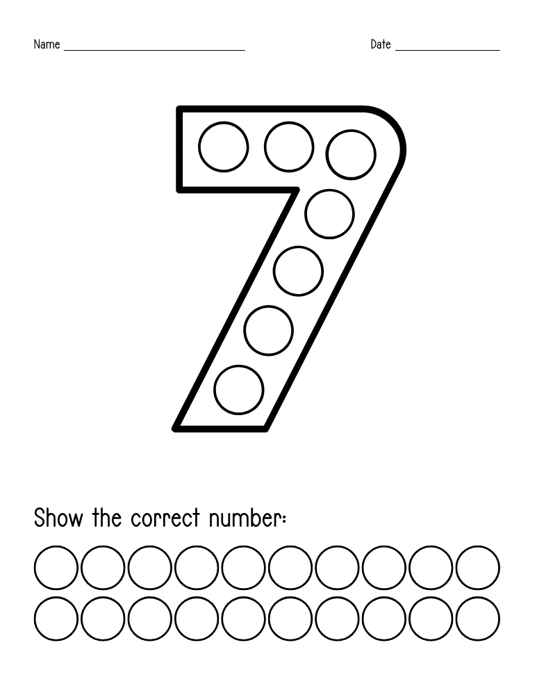 number 7 dot marker worksheet, preschool counting, PDF