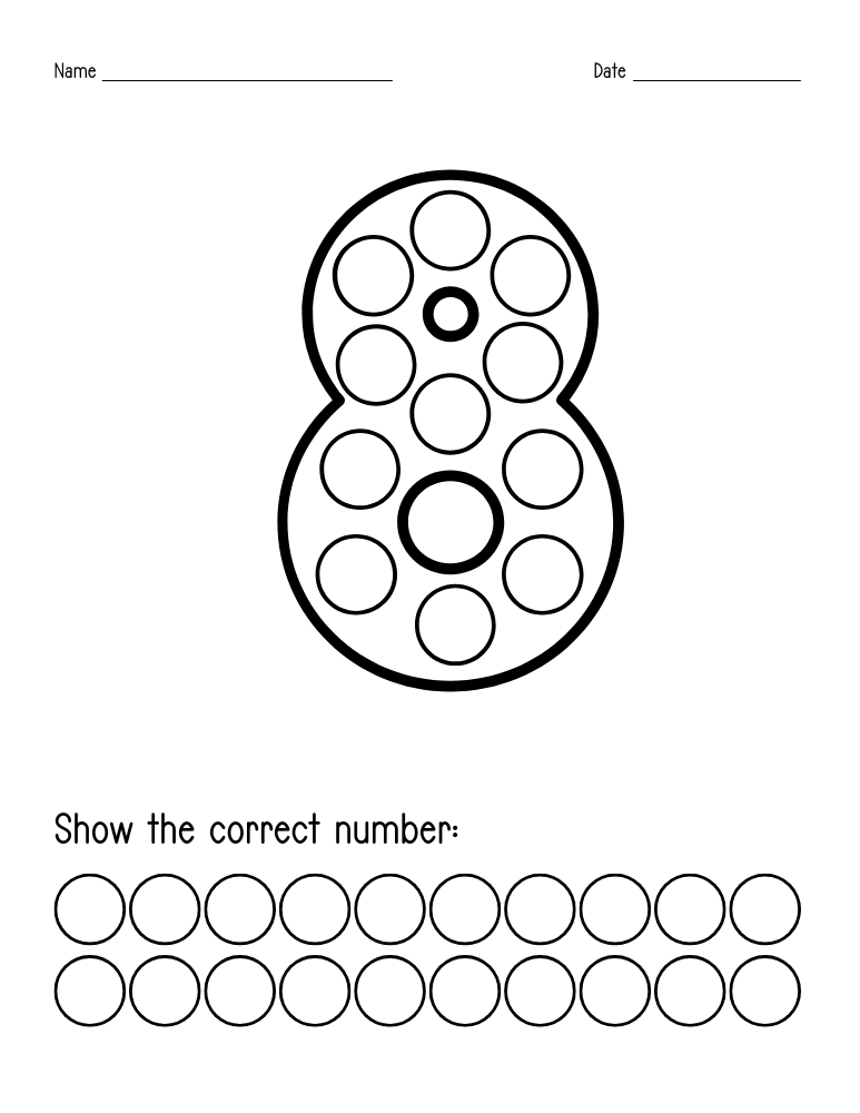 number 8 dot marker worksheet, preschool counting, PDF