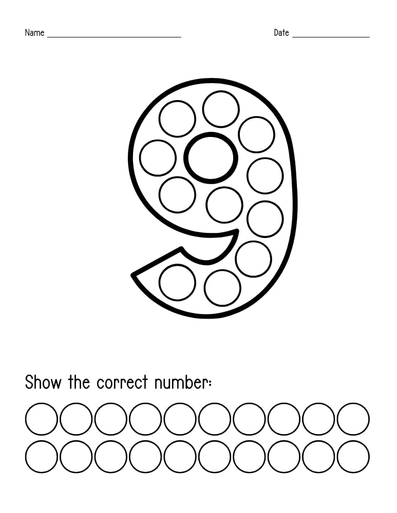 number 9 dot marker worksheet, preschool counting, PDF