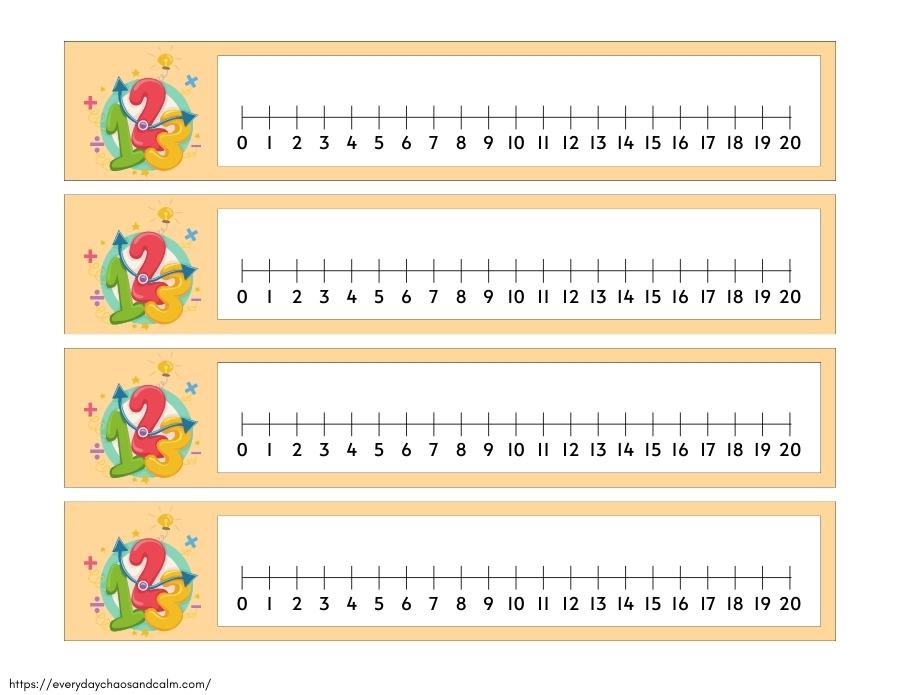 1-20 Number Line Bookmarks Free printable number lines, for adding and subtracting, math, pdf, elementary grades, print, download.