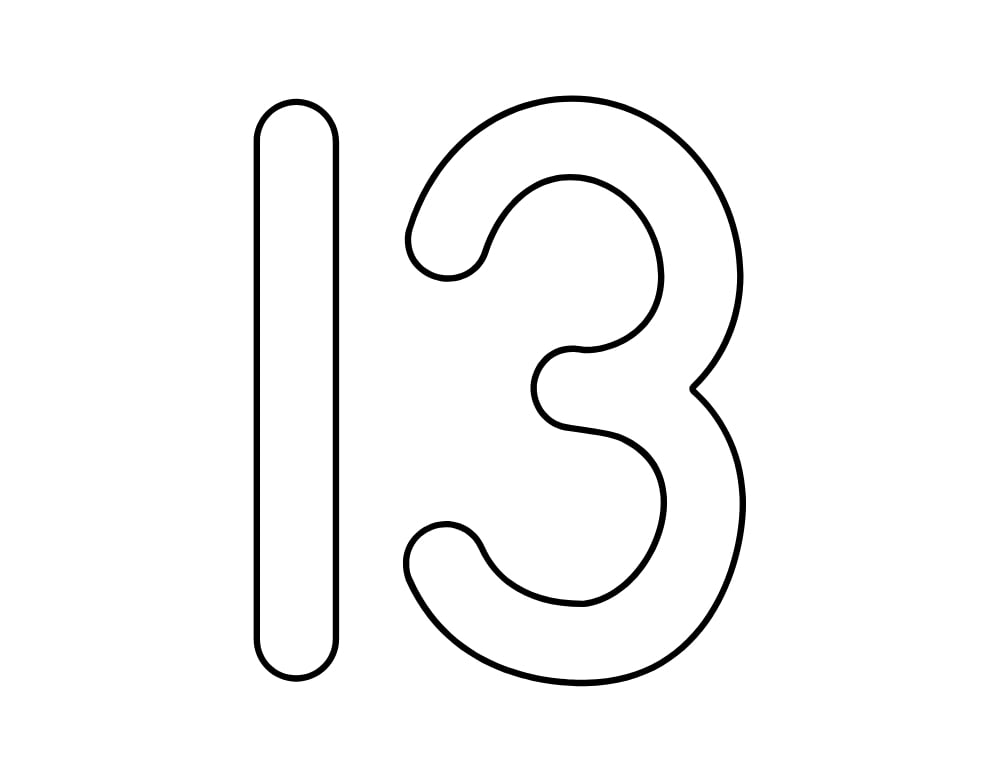 number 13 template, blank number outline, printable PDF