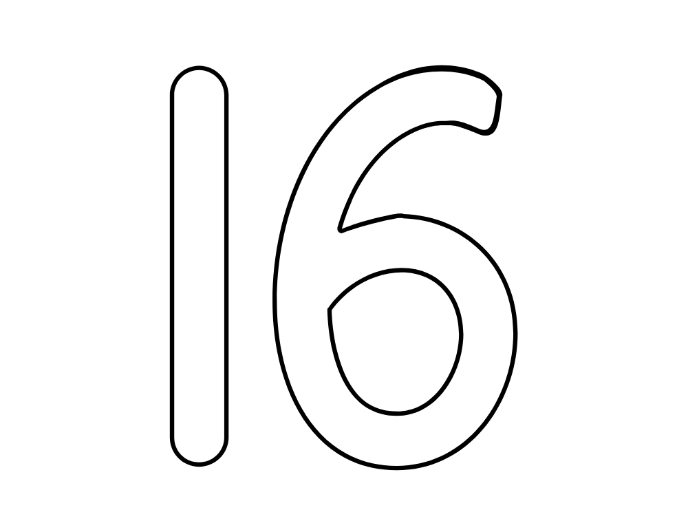 number 16 template, blank number outline, printable PDF