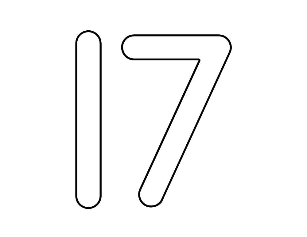 number 17 template, blank number outline, printable PDF