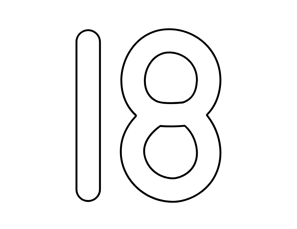 number 18 template, blank number outline, printable PDF