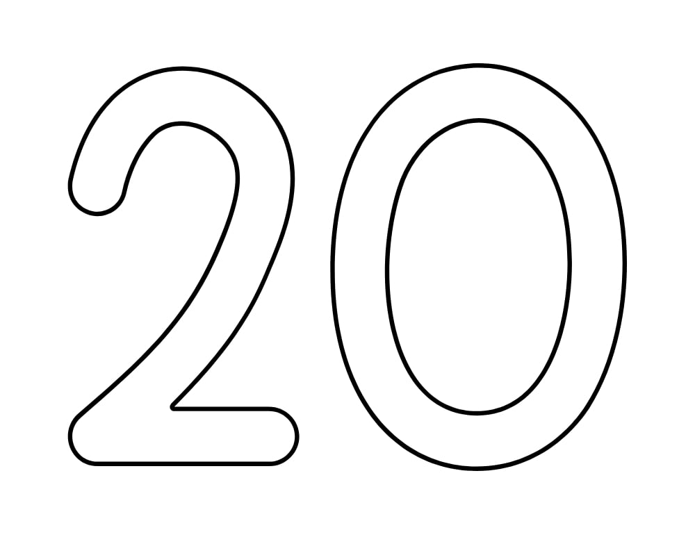 number 20 template, blank number outline, printable PDF