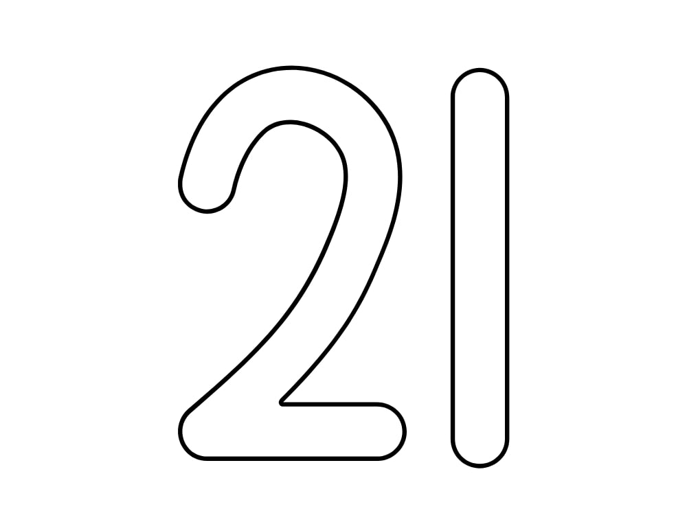 number 21 template, blank number outline, printable PDF