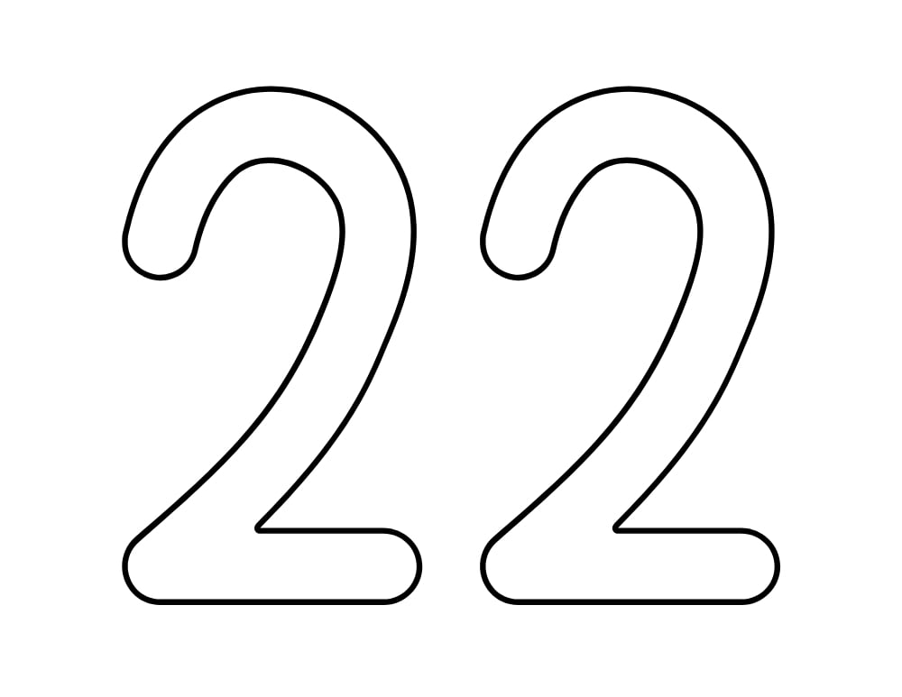 number 22 template, blank number outline, printable PDF