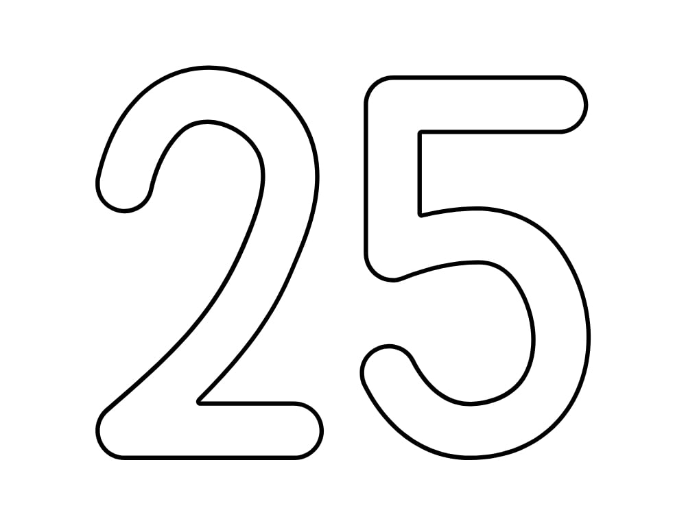 number 25 template, blank number outline, printable PDF