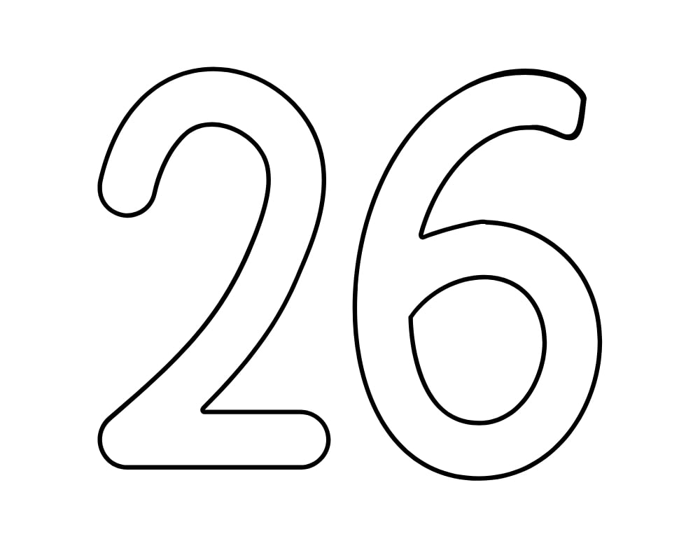 number 26 template, blank number outline, printable PDF