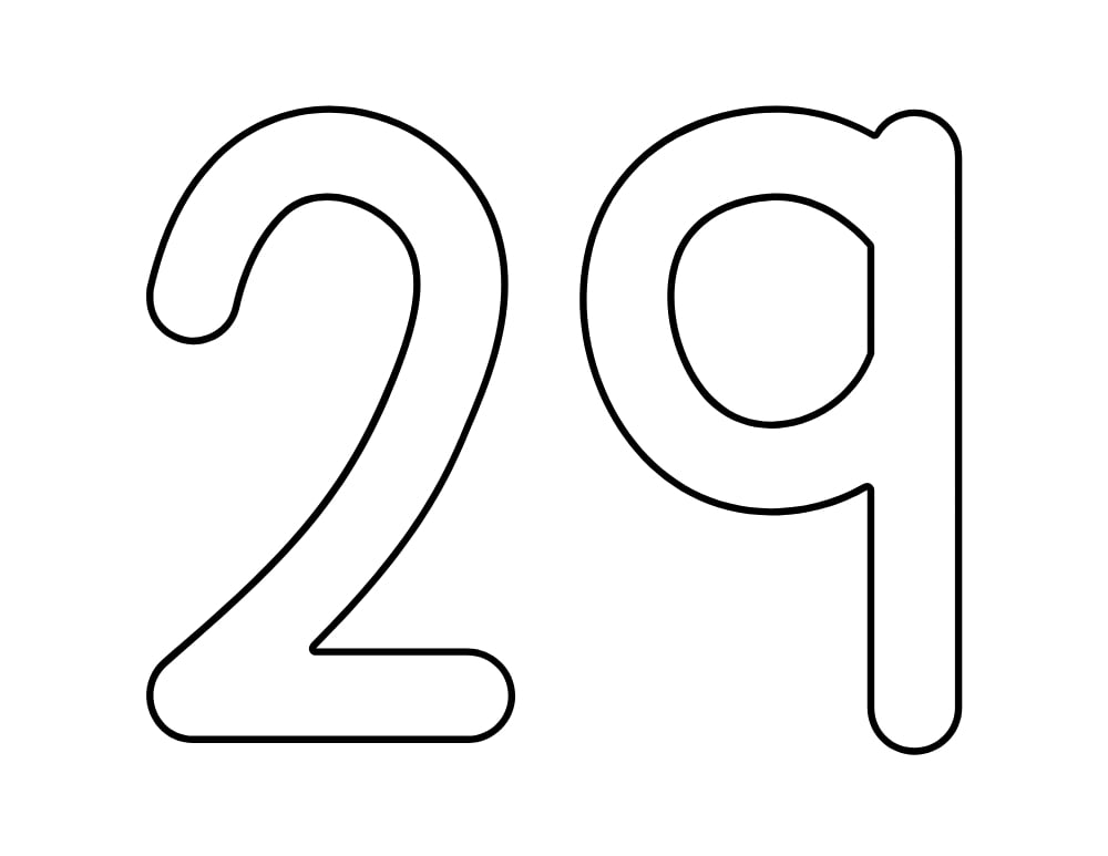 number 29 template, blank number outline, printable PDF