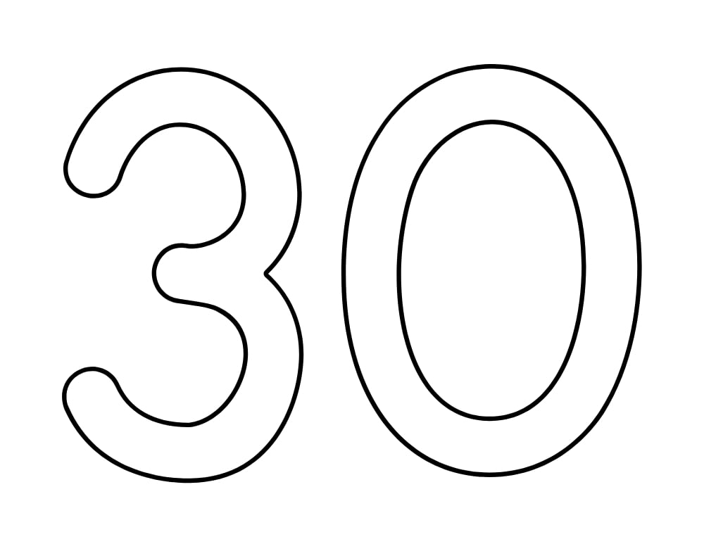 number 30 template, blank number outline, printable PDF
