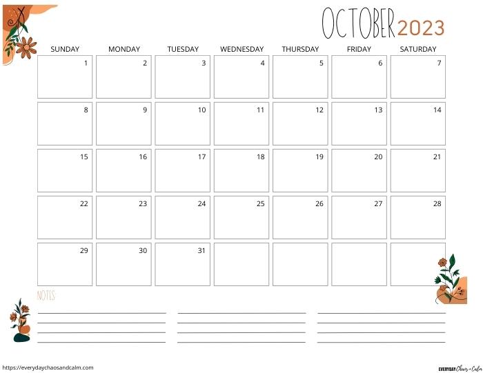 printable October 2023 calendar- sunday start