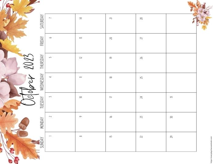 vertical printable October 2023 calendar- sunday start