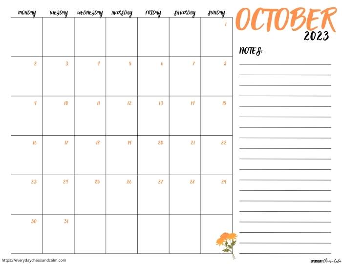 printable October 2023 calendar- monday start