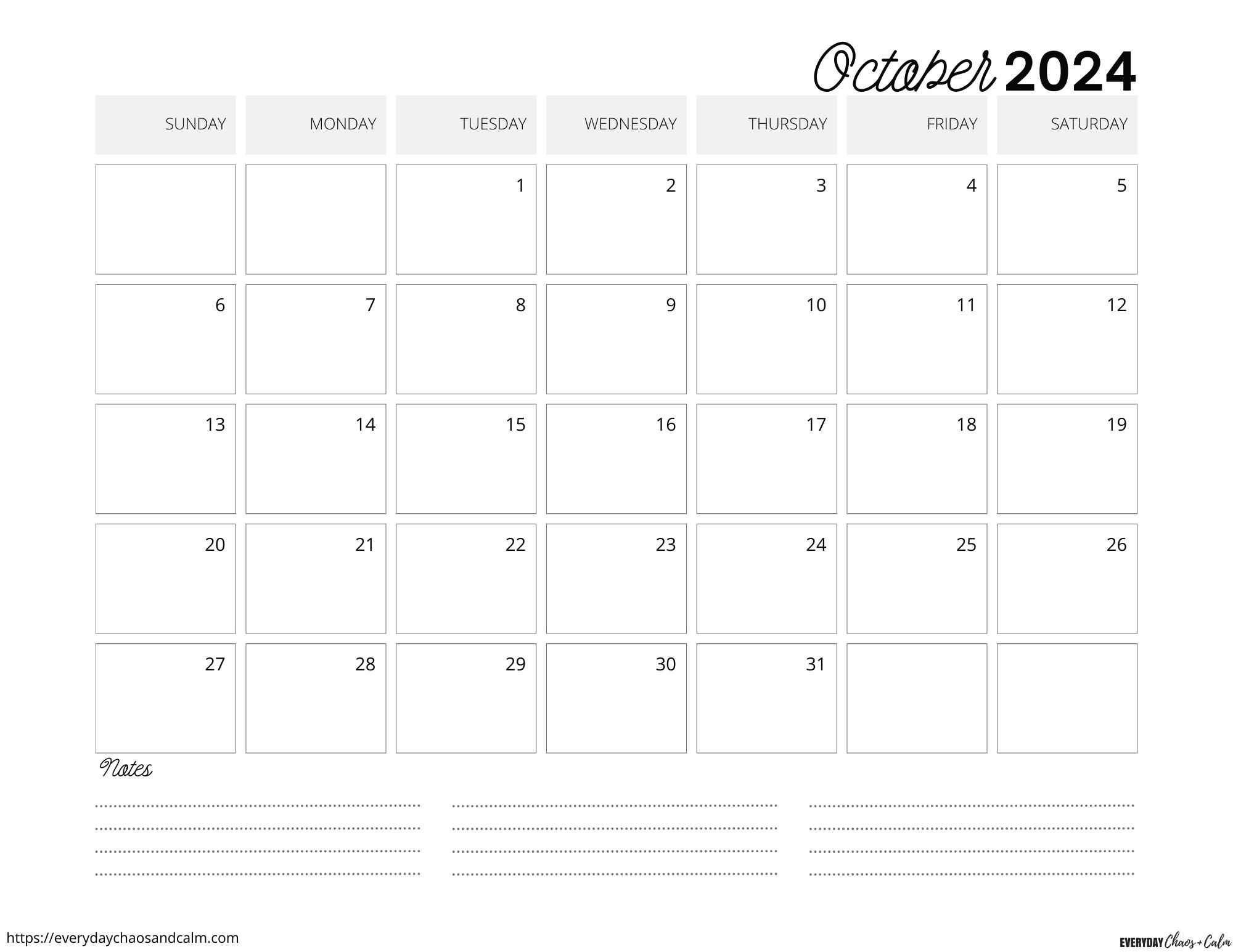 printable October 2024 calendar- sunday start