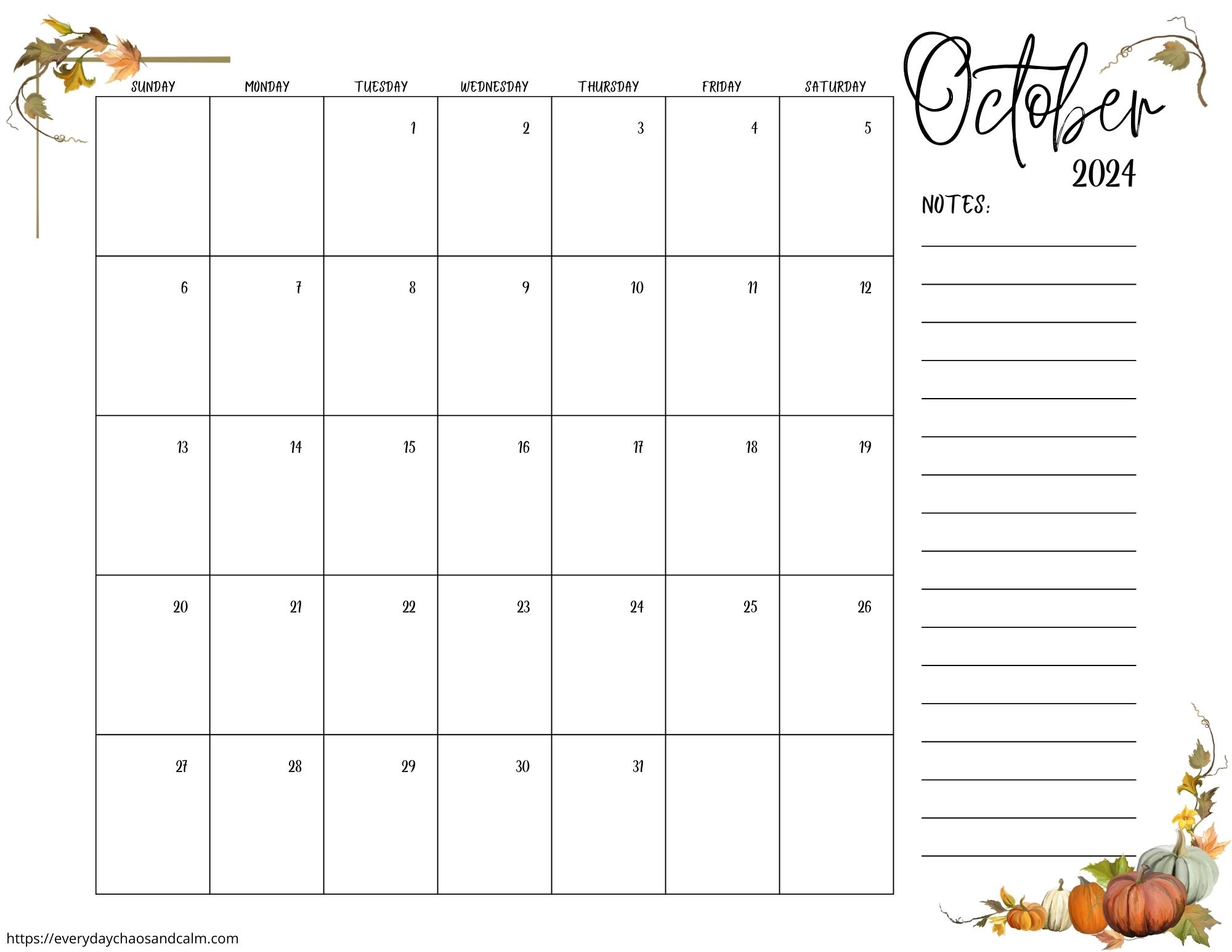 printable October 2024 calendar- sunday start