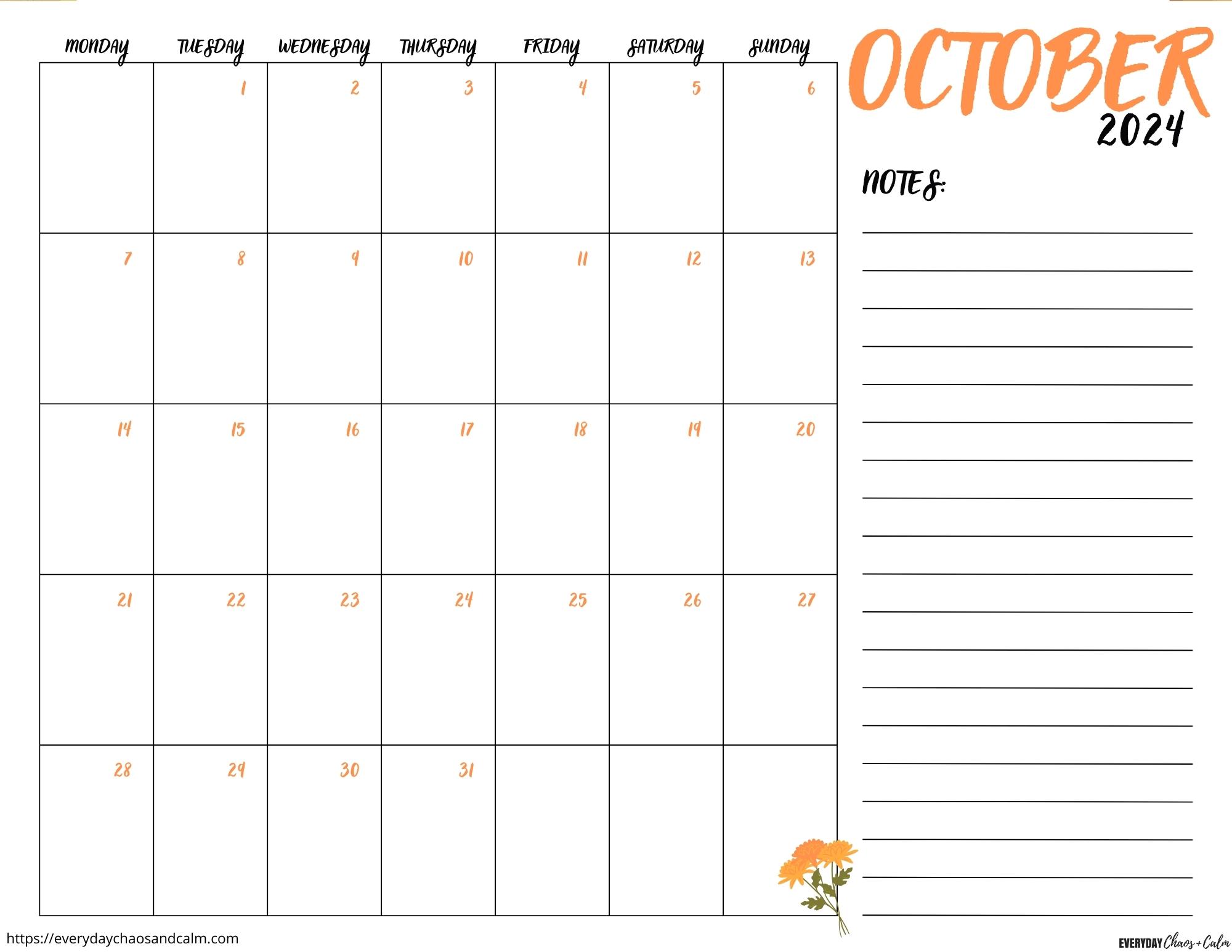 printable October 2024 calendar- monday start