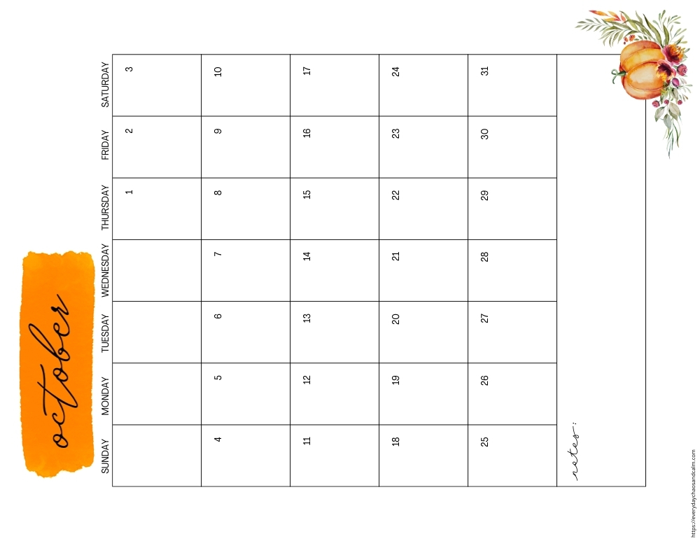 vertical printable October 2026 calendar- sunday start