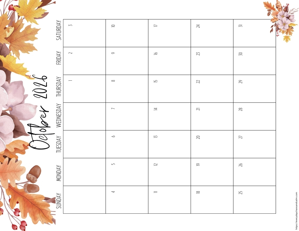 vertical printable October 2026 calendar- sunday start