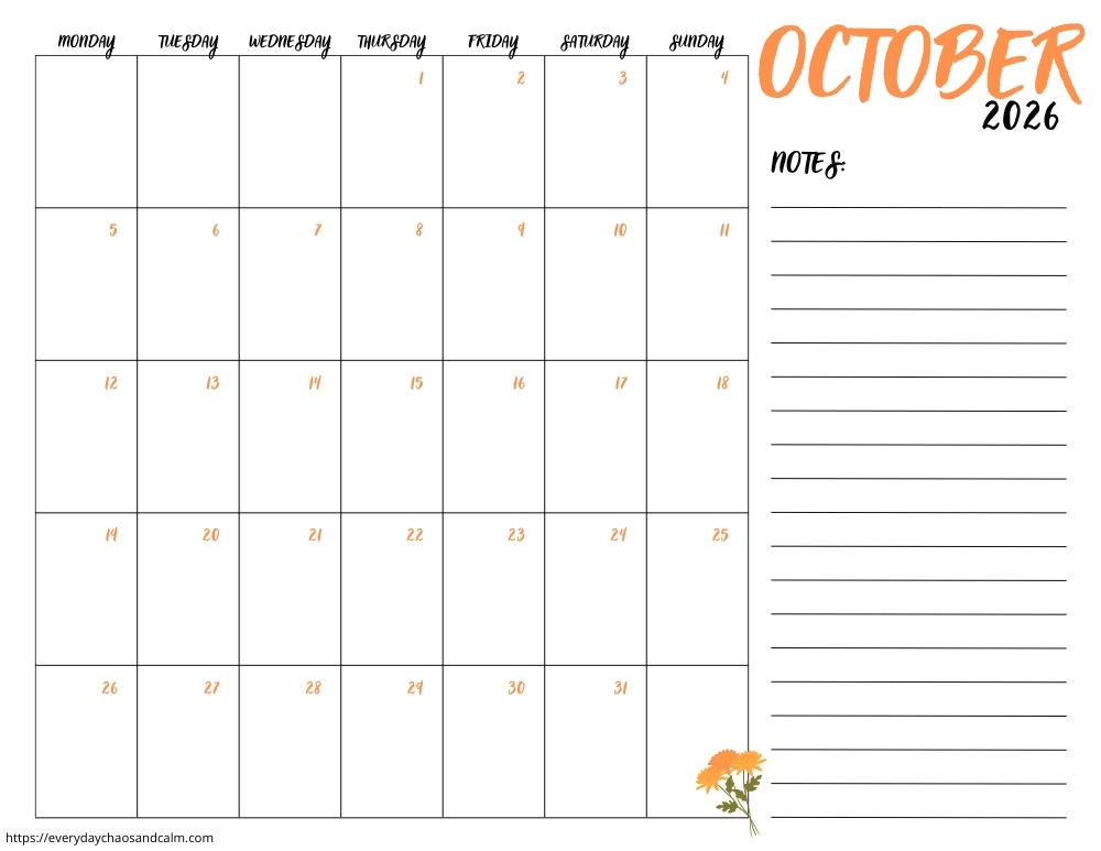 printable October 2026 calendar- monday start