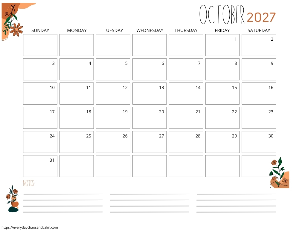 printable October 2027 calendar- sunday start