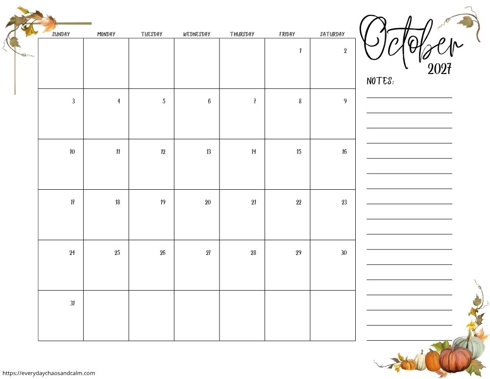 printable October 2027 calendar- sunday start