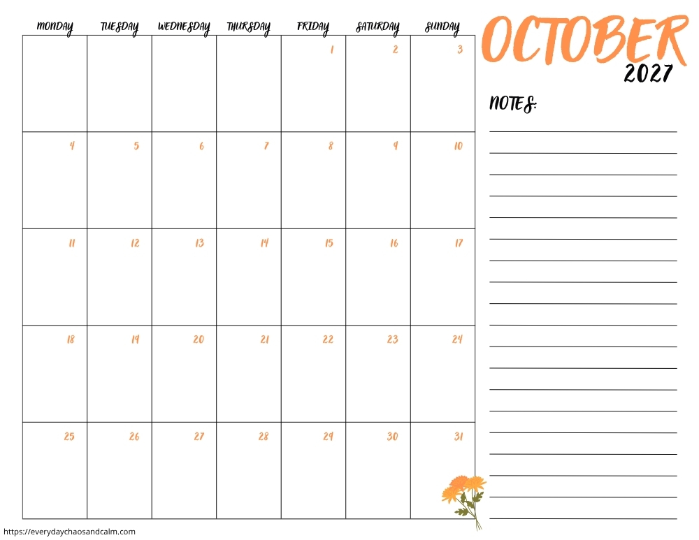 printable October 2027 calendar- monday start